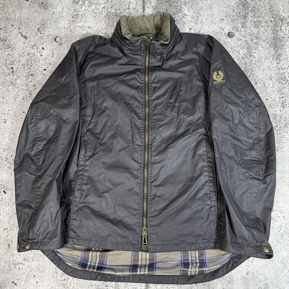 Belstaff Jacket Mens 54 Black Waxed Cotton Motorcycle Plaid Lined Portugal